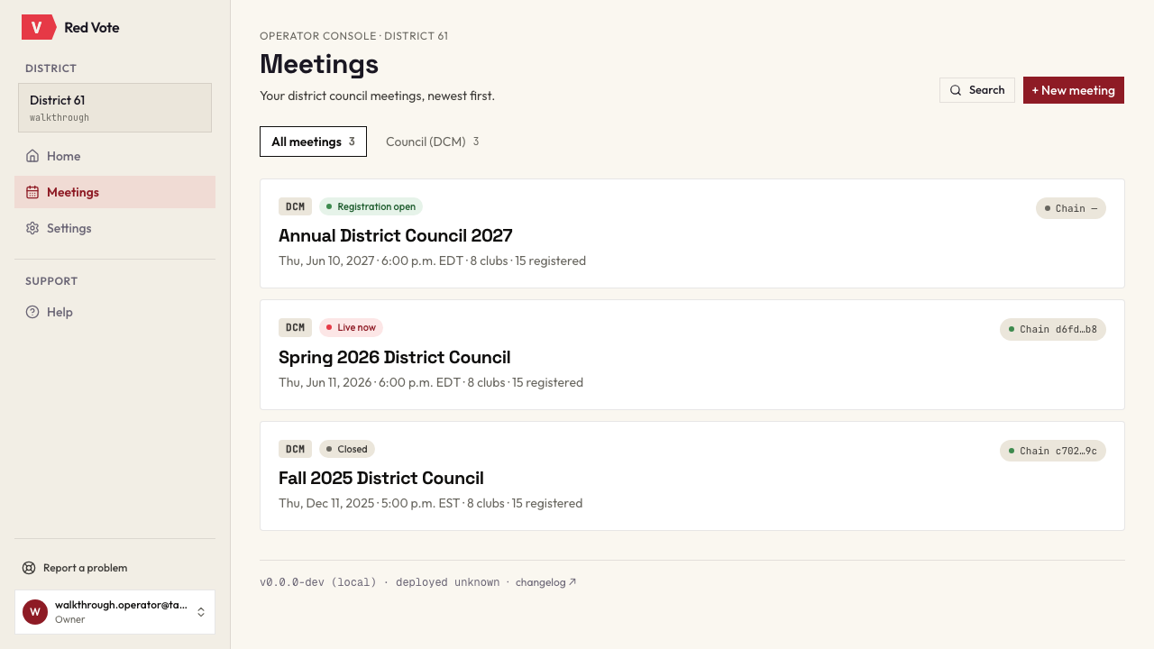 The Meetings list for District 61. Three district council meetings are stacked in date order: Annual District Council 2027, tagged Registration open; Spring 2026 District Council, tagged Live now; and Fall 2025 District Council, tagged Closed. Each row carries its date and time, eight clubs, fifteen registered members, and a short hash-chain fingerprint on the right.