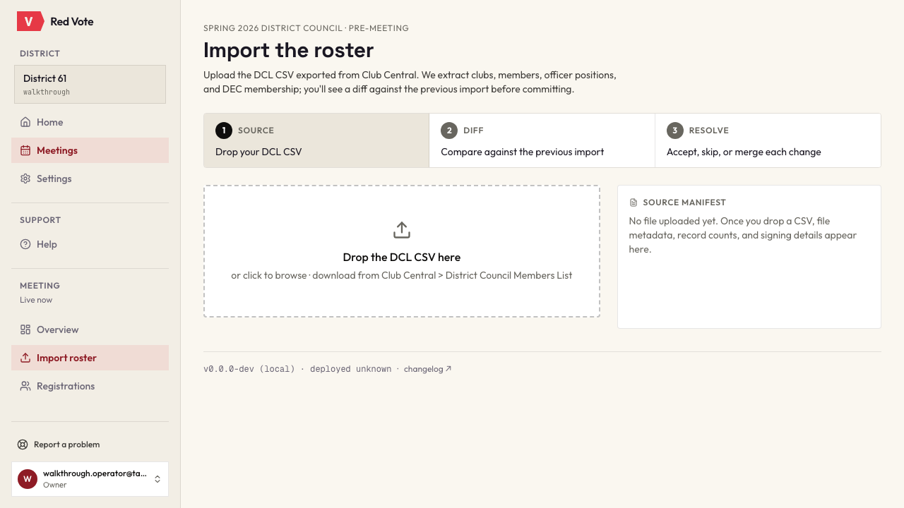 The Import the roster screen. Three numbered steps run across the top — source, diff, resolve — and a large drop zone below reads Drop the DCL CSV here, noting that the file comes from Club Central under District Council Members List. A panel beside it, headed Source manifest, is waiting to report the file's record counts and signing details once a file arrives.
