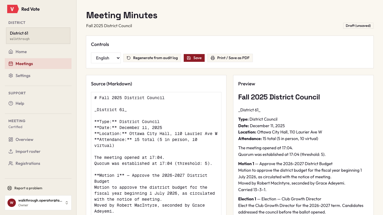 The Meeting Minutes screen for the Fall 2025 District Council, in two panes: the Markdown source on the left, the rendered minutes on the right. The text records the meeting type, date, venue and attendance of fifteen — five in person, ten virtual — then that the meeting opened at 17:04 and quorum was established at 17:04 against a threshold of five. Motion 1, approve the 2026-2027 district budget, is recorded as moved by Robert MacIntyre, seconded by Grace Adeyemi, and carried thirteen to three with one abstention. Controls above offer a language, regeneration from the audit log, and print or save as PDF.